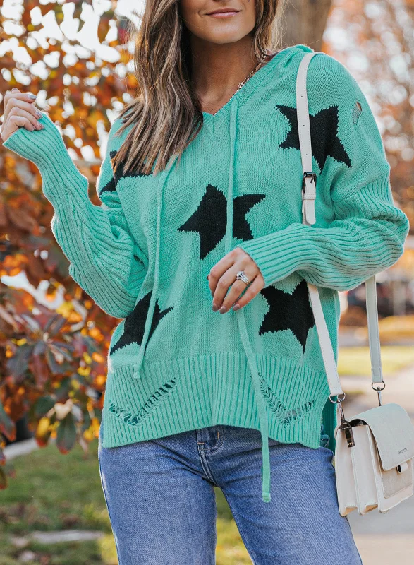 Huge Savings Star Distressed Slit Hooded Sweater