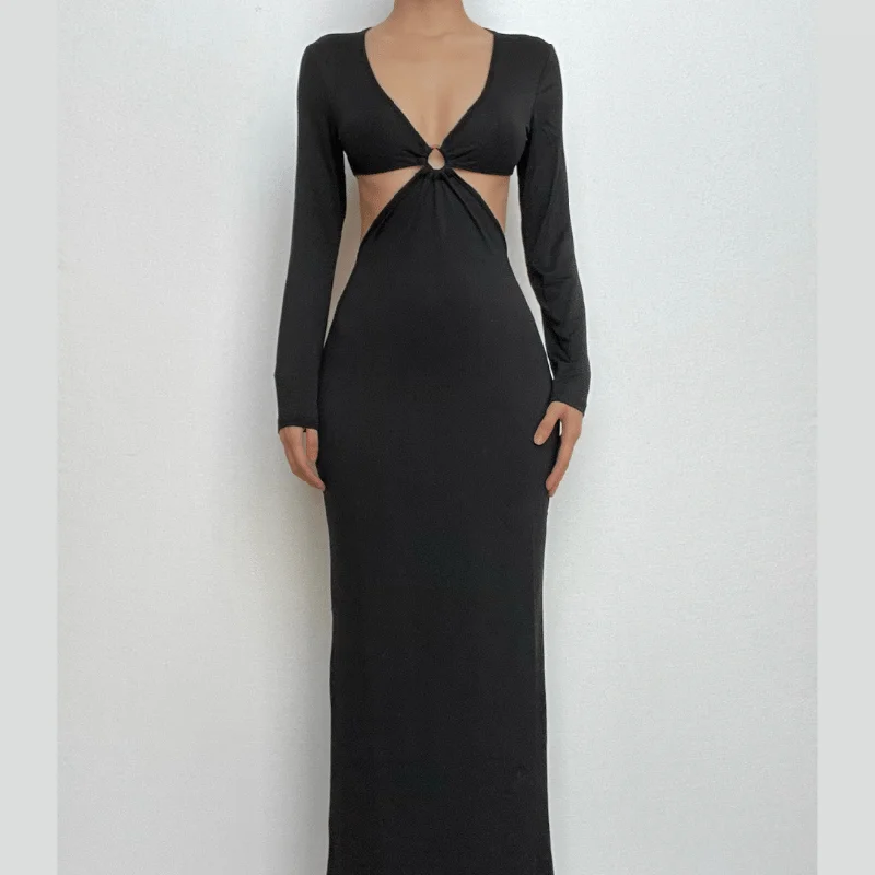 Special Discount BerryBetty - Solid o ring long sleeve v neck hollow out maxi dress