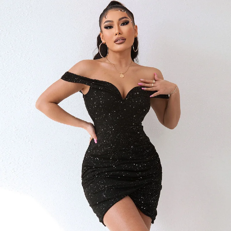 Super Sale BerryBetty - Shimmery Ruched Wrap Trim Off Shoulder Bodycon Party Mini Dress - Black Super Sale BerryBetty - Shimmery Ruched Wrap Trim Off Shoulder Bodycon Party Mini Dress - Black