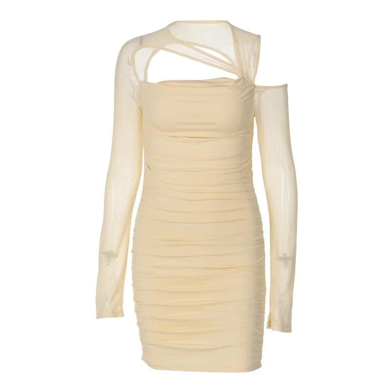 Price Break BerryBetty - Ruched irregular mesh hollow out long sleeve mini dress