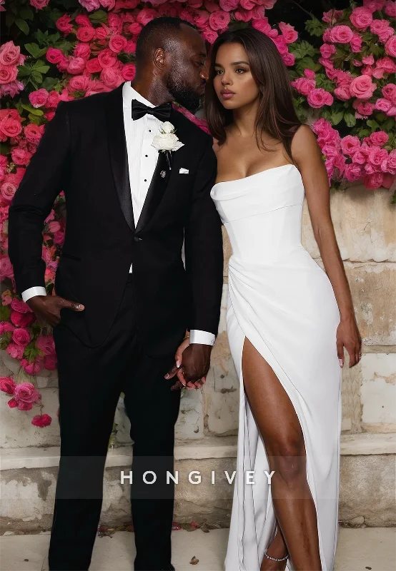 Year-End Sale H1752 - Casual Satin Fitted Strapless Empire With Side Slit Wedding Dress Year-End Sale H1752 - Casual Satin Fitted Strapless Empire With Side Slit Wedding Dress