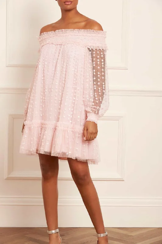 Shop and Save Raindrop Smocked Gloss Off-Shoulder Micro Mini Dress