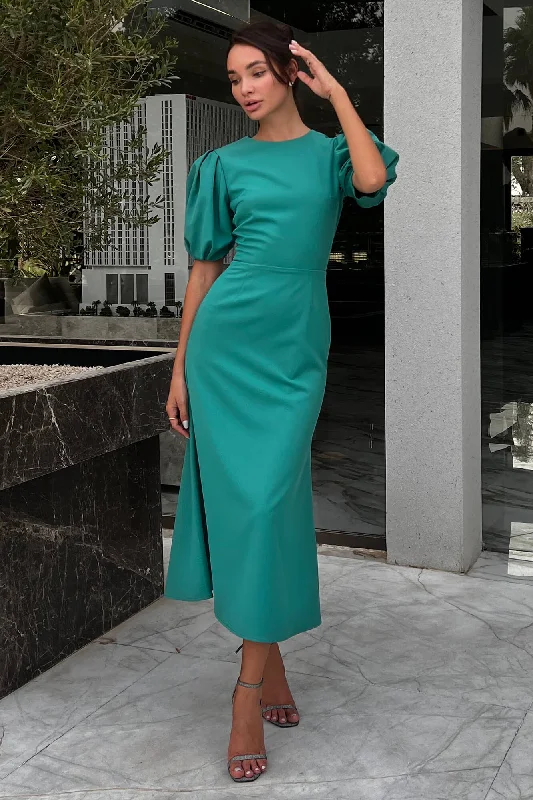 Overstock Godet Silhouette Puff Sleeve Midi Dress