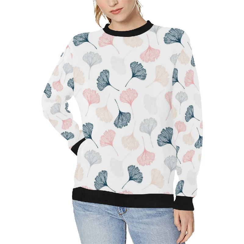 Super Sale Black Gray Cream coral ginkgo leaves pattern Women's Crew Neck Sweatshirt