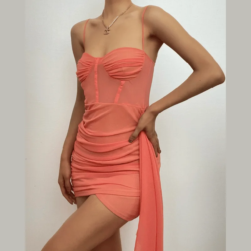 Daily Deals BerryBetty - Sheer mesh ruched solid corset irregular mini dress