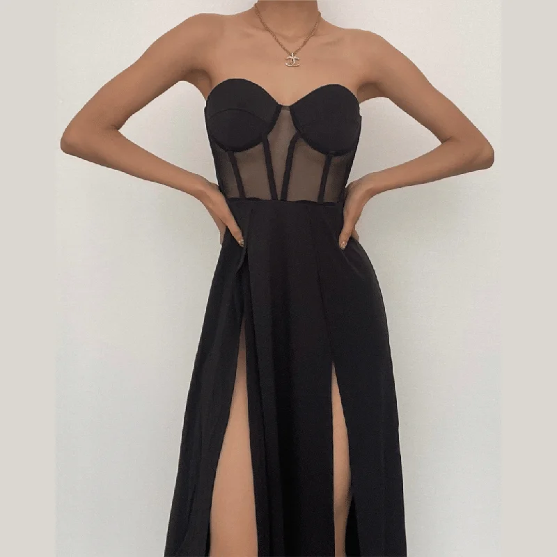 Savings Bonanza BerryBetty - Mesh heart neck high slit pleated tube maxi dress