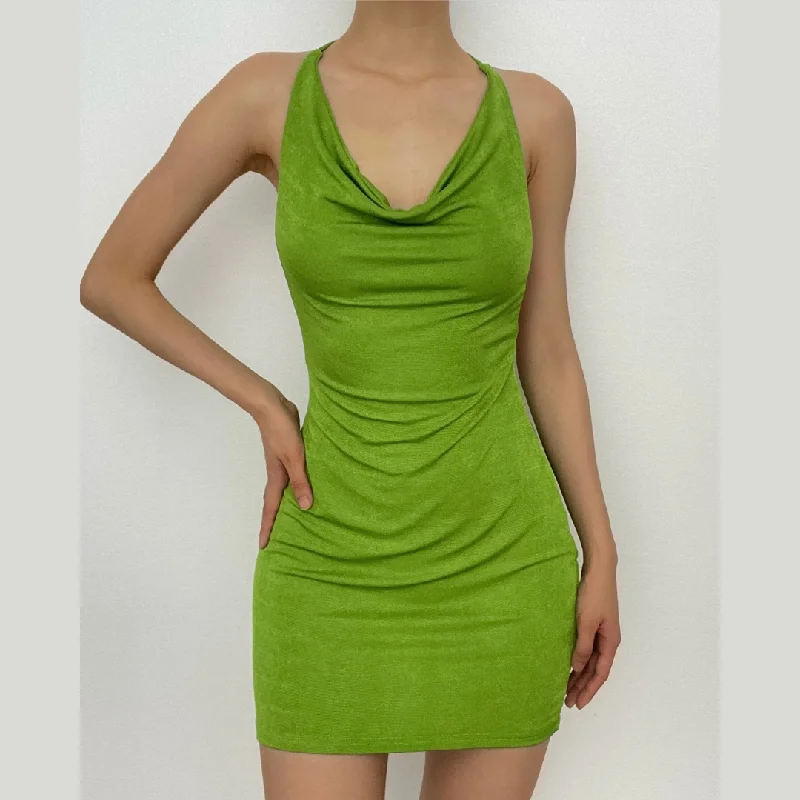 Quick Sale BerryBetty - Backless solid sleeveless halter self tie cowl neck mini dress