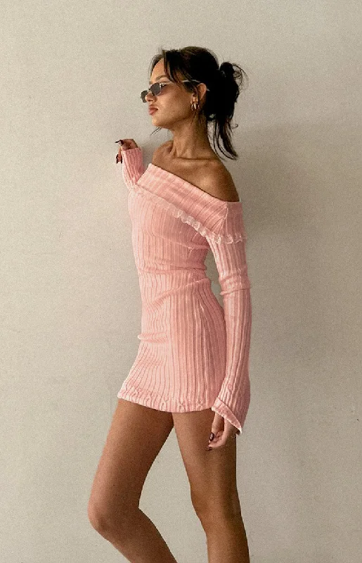 Exclusive Deal Mimi Pink Long Sleeve Off Shoulder Knit Mini Dress