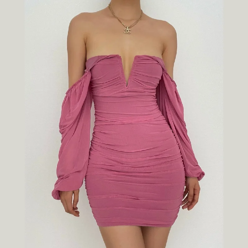 Act Fast BerryBetty - Mesh solid long sleeve ruched notch neck zip-up mini dress