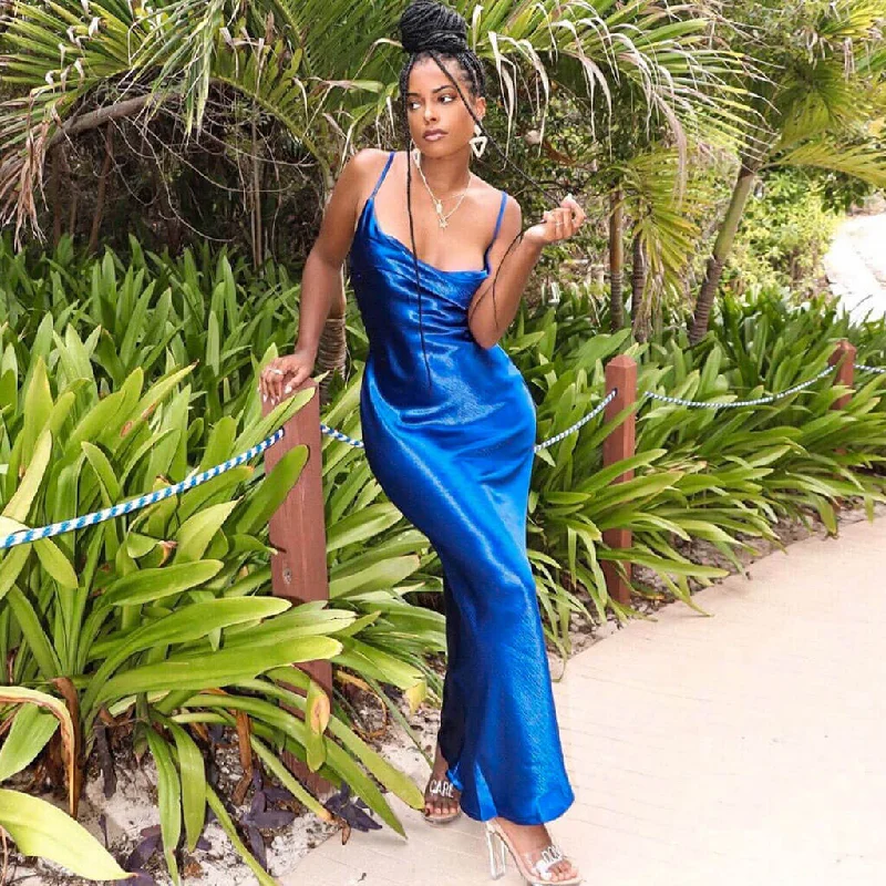 Incredible Offers BerryBetty - Classy Cowl Neck Tie String Silky Slip Maxi Dress - Blue Incredible Offers BerryBetty - Classy Cowl Neck Tie String Silky Slip Maxi Dress - Blue