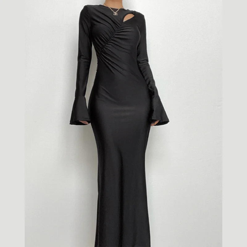 Today’s Deal BerryBetty - Ruched solid hollow out irregular long sleeve maxi dress