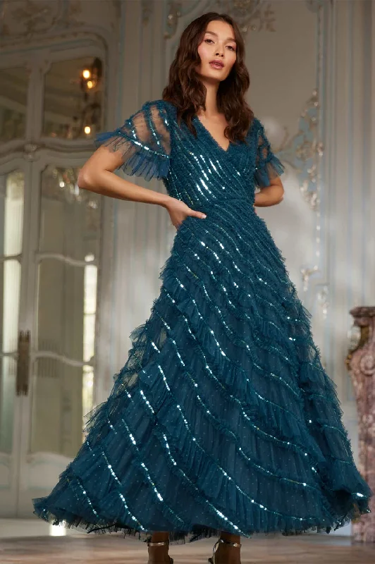 Lowest Price Spiral Sequin V-Neck Ankle Gown