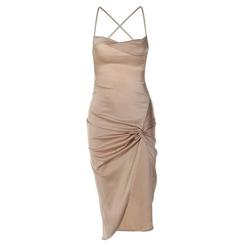 Final Sale BerryBetty - Sleeveless cross back cowl neck slit lace up self tie backless midi dress