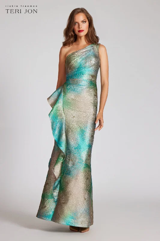 While Supplies Last Metallic Starburst Pattern One Shoulder Gown