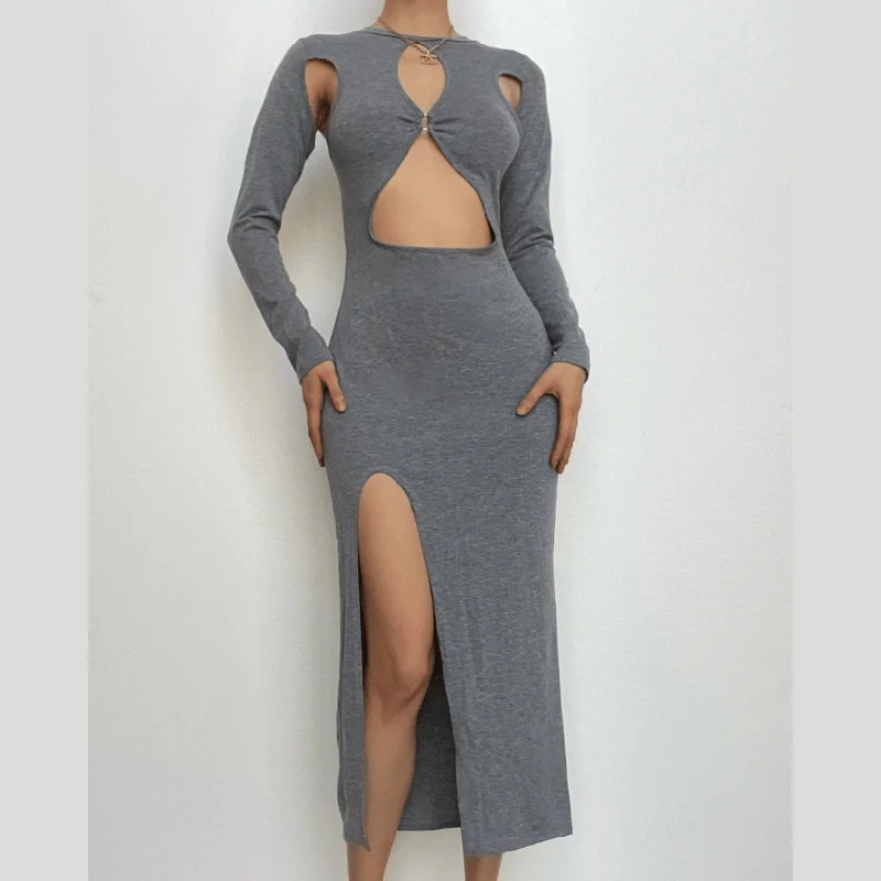 Bargain Prices BerryBetty - Hollow out long sleeve crewneck slit irregular o ring midi dress
