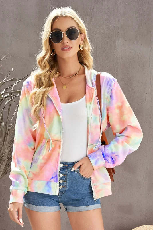 Midnight Madness Tie-Dye Drawstring Detail Zip Up Hooded Jacket