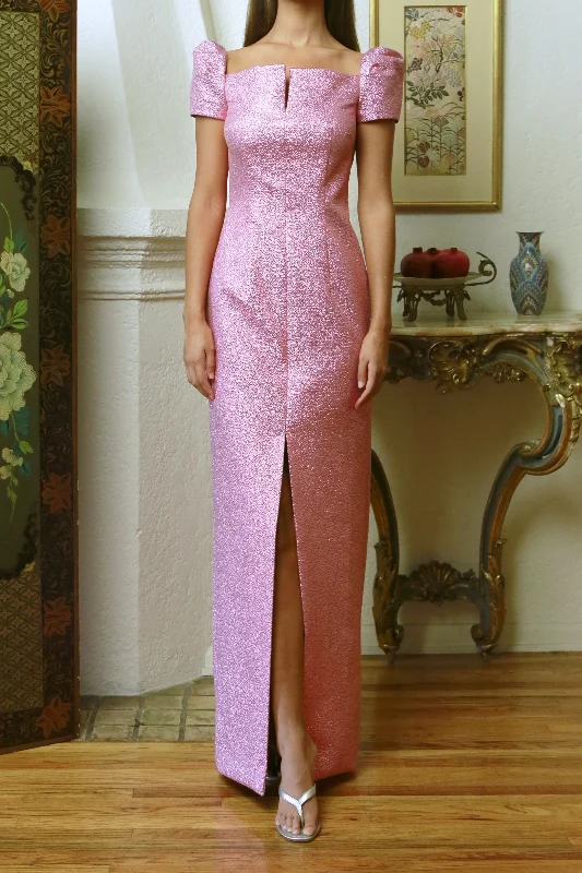 Act Now Puffy Sleeve Column Gown in Pink Lamé