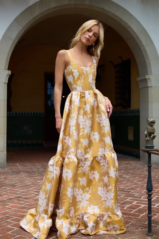 Price Rollback The Avery Dress in Gold Baroque Floral