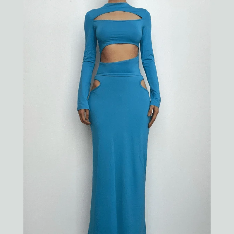 Value Deals BerryBetty - Hollow out long sleeve crewneck solid maxi skirt set