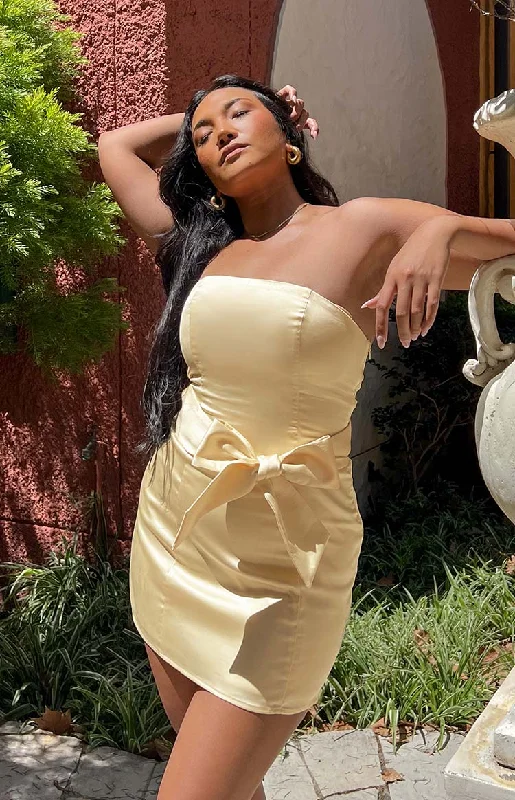 Don't Wait Kamie Yellow Satin Bow Mini Dress
