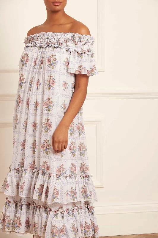 Massive Deals Tiled Blooms Chiffon Off-Shoulder Ankle Gown