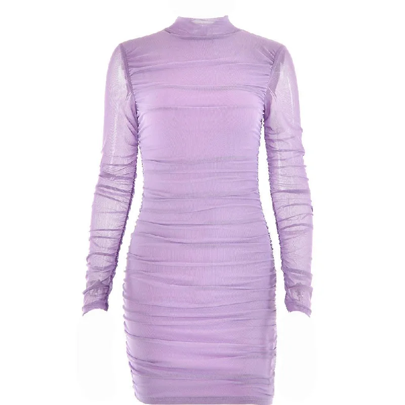 Discount Deals BerryBetty - Mesh ruched zip-up long sleeve solid high neck mini dress