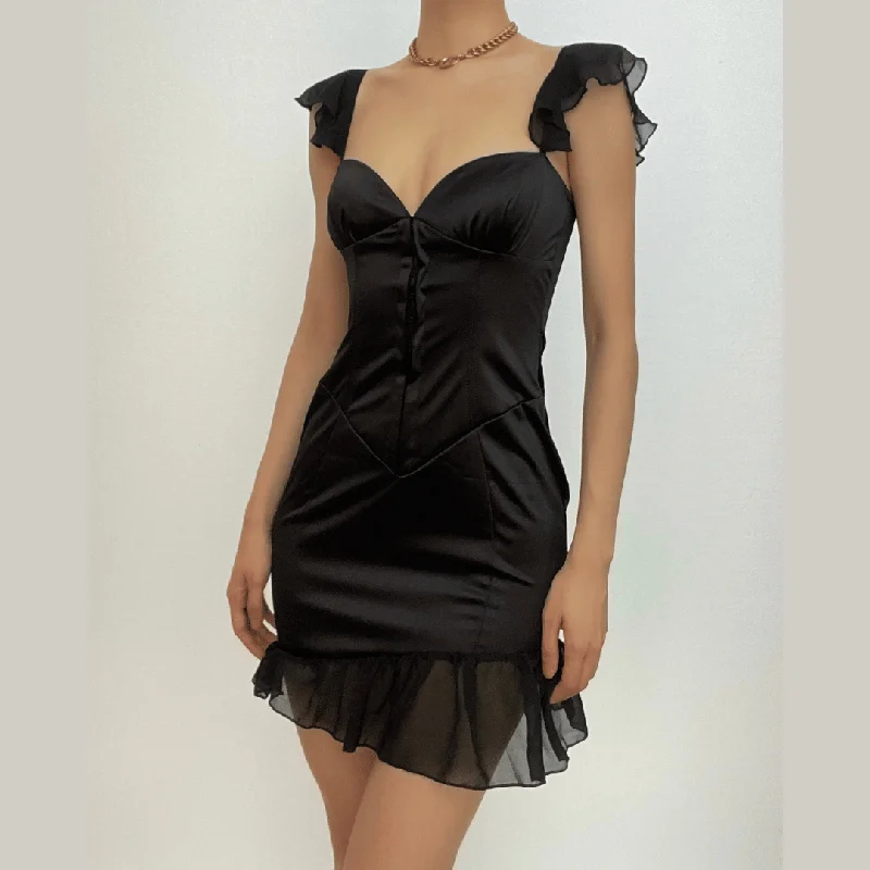 Special Savings BerryBetty - Solid ruched cap sleeve ruffle button mini dress