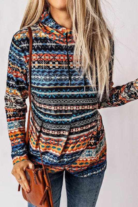Final Sale Patterned Drawstring Detail Cowl Neck Hoodie