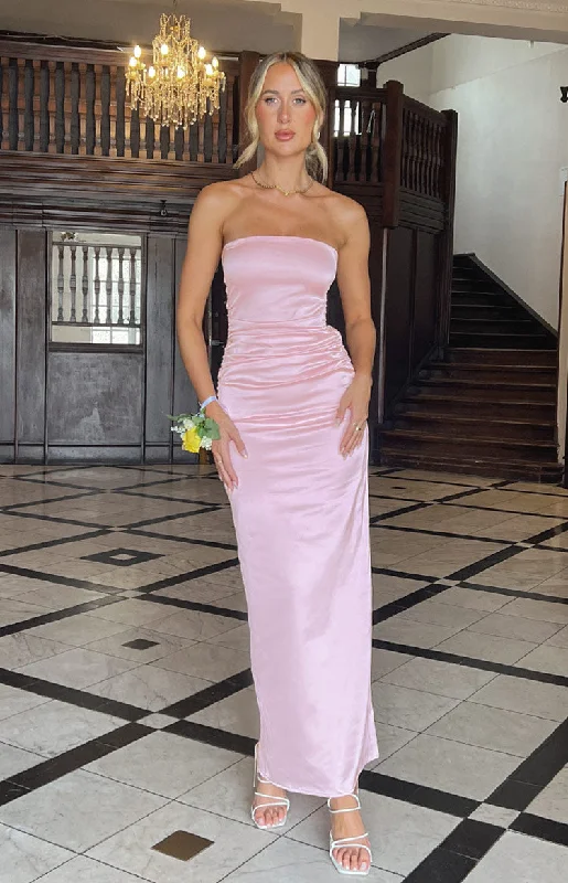 Bonus Savings Pink Bloom Satin Strapless Maxi Dress