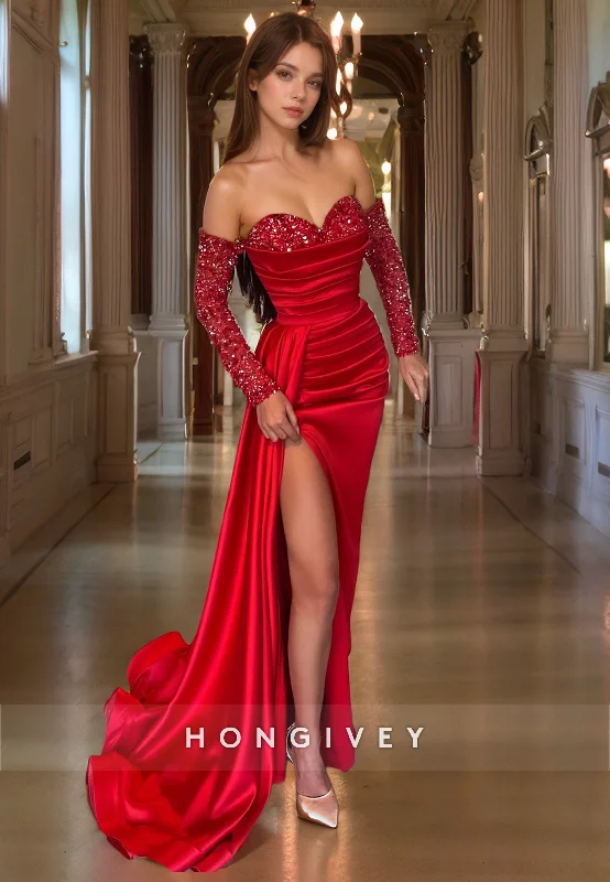 Lowest Price L1045 - Sequined Embellished Long Sleeve Ruched With Train And Slit Party Formal Evening Prom Dress Lowest Price L1045 - Sequined Embellished Long Sleeve Ruched With Train And Slit Party Formal Evening Prom Dress