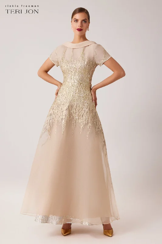 Low Prices Roll Neck Cap Sleeve Metallic Organza Jacquard Gown