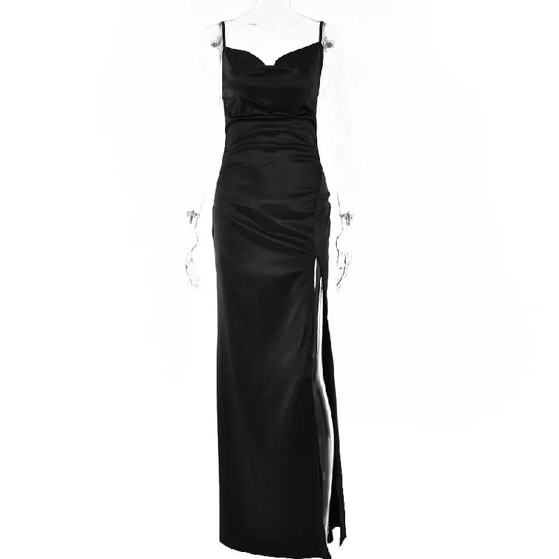 Exclusive Online Offer BerryBetty - Solid sleeveless cowl neck slit ruched backless cami maxi dress