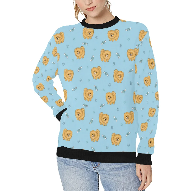 Limited Availability Brown cute pomeranian blue blackground Women's Crew Neck Sweatshirt