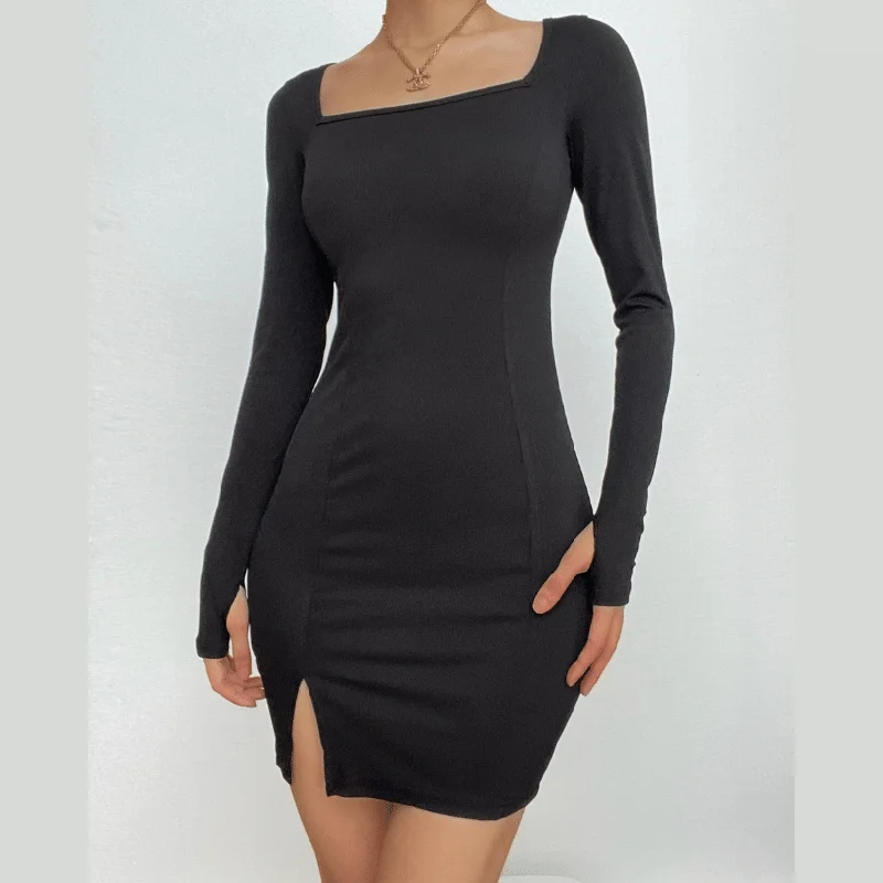 Online Only BerryBetty - Ribbed solid square neck long sleeve gloves slit mini dress