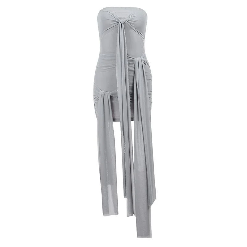Markdowns BerryBetty - Solid mesh ruched self tie backless tube mini dress