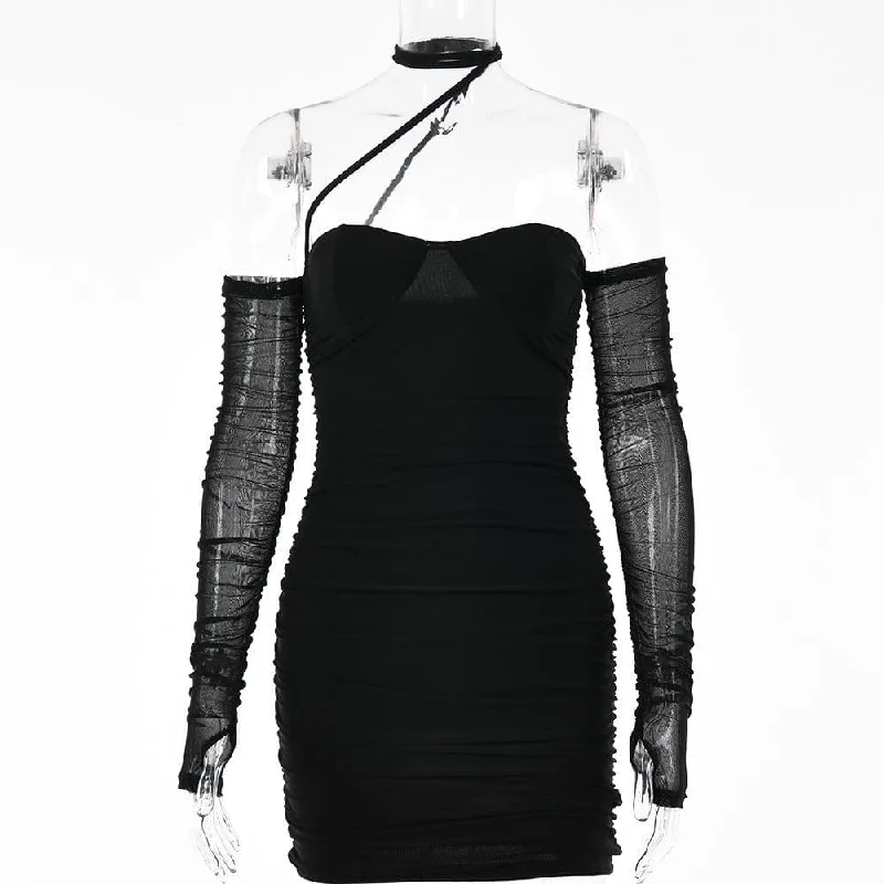 Quick Sale BerryBetty - Solid ruched halter mesh long sleeve off shoulder mini dress