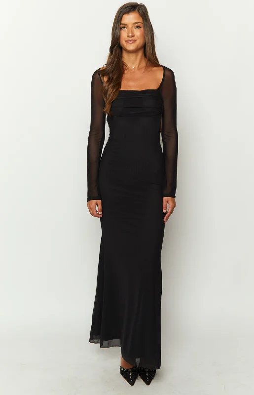 Stock Up and Save Beverley Black Mesh Long Sleeve Maxi Dress