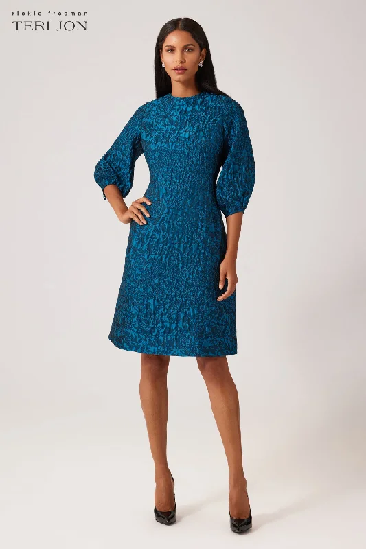 Super Bargain Textured Floral Jacquard Balloon Sleeve Dress