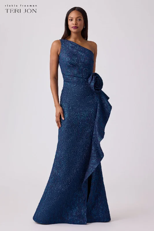 Great Bargains Jacquard Side Ruffle Gown with 3D Drape