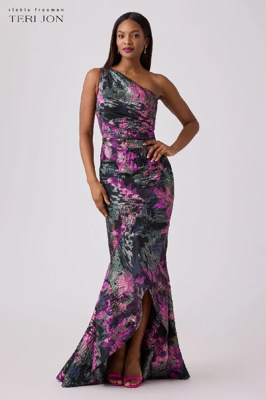 Massive Deals Floral Jacquard One Shoulder Evening Gown
