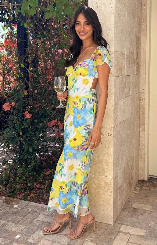 Price Break Raymi Blue Floral Chiffon Maxi Dress