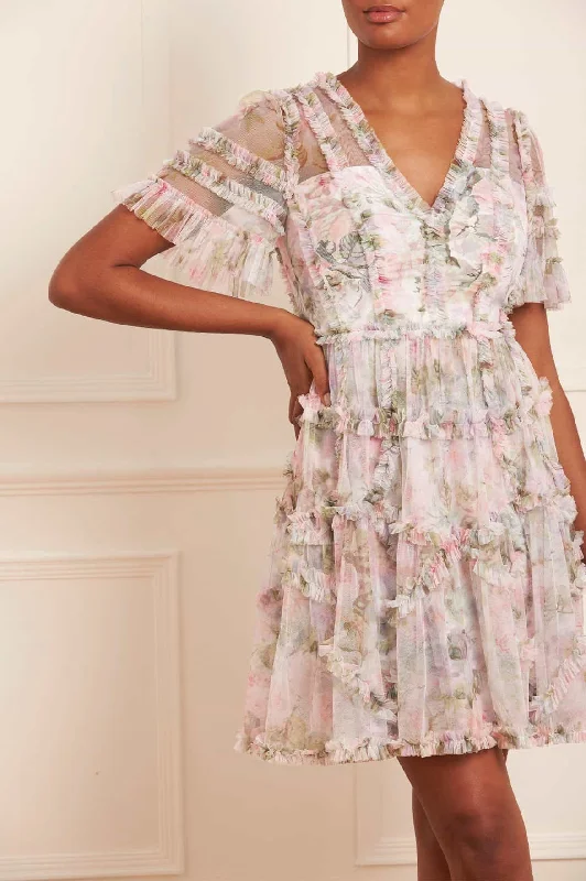 Super Deal Rose Powder Ruffle Mini Dress