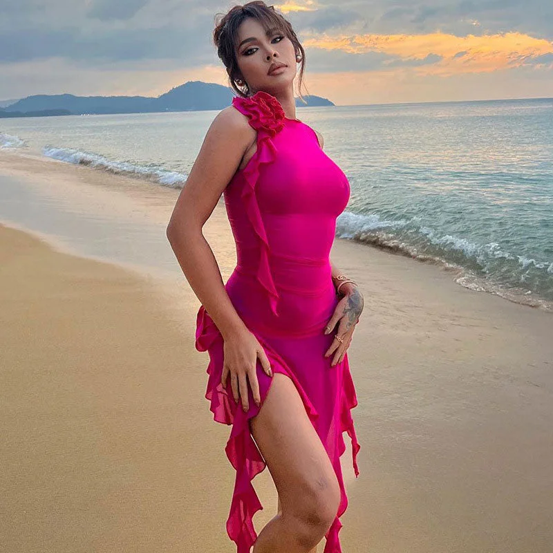 Don't Wait BerryBetty - Sheer Mesh 3D Flower Ruffle Trim Sleeveless Club Dress - Hot Pink Don't Wait BerryBetty - Sheer Mesh 3D Flower Ruffle Trim Sleeveless Club Dress - Hot Pink