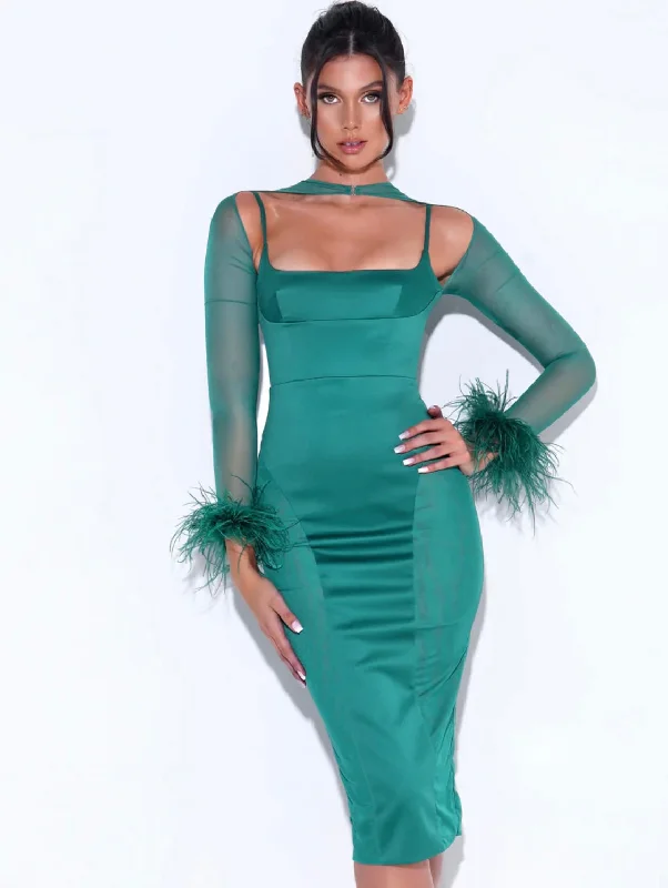 Members Only SATIN MESH SLEEVE MIDI DRESS