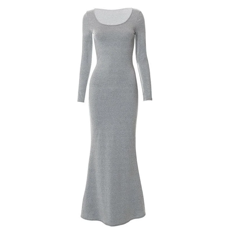 Customer Appreciation Sale BerryBetty - Solid long sleeve round neck mermaid hem maxi dress