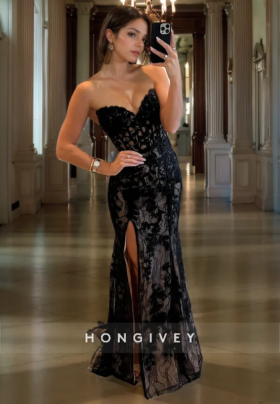 Deal of the Day L2092 - Sexy Lace Fitted Sweetheart Strapless Empire Illusion Appliques With Side Slit Party Prom Evening Dress Deal of the Day L2092 - Sexy Lace Fitted Sweetheart Strapless Empire Illusion Appliques With Side Slit Party Prom Evening Dress