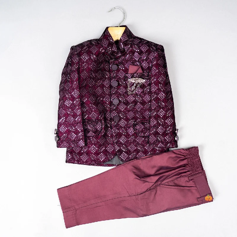 Hot Deal Wine Sequin Embroidered Jodhpuri Suit for Boys