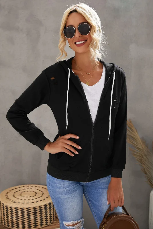 Today Only Distressed Zip Up Drawstring Detail Hoodie
