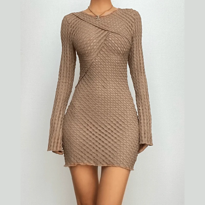 Price Reduction BerryBetty - Crewneck long sleeve textured stitch ruffle solid mini dress