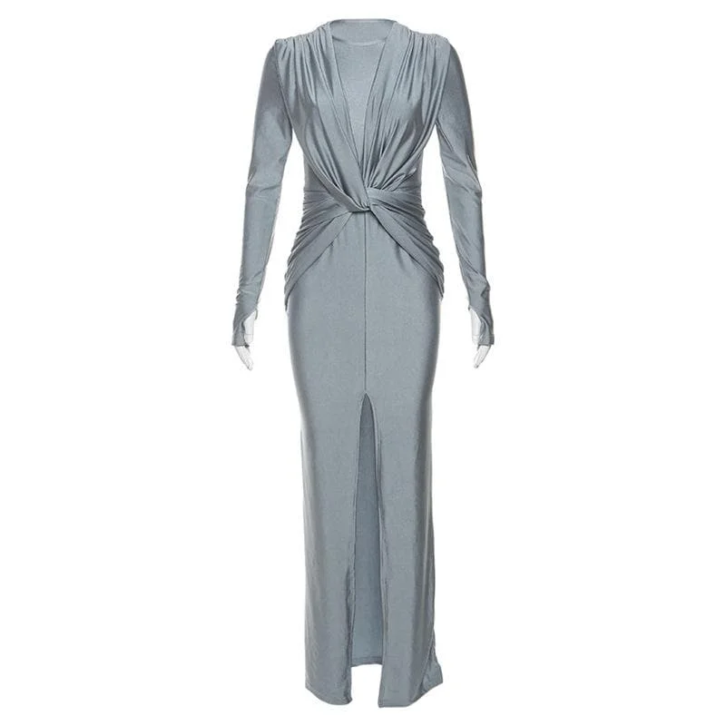 Overstock BerryBetty - Knotted slit solid long sleeve ruched maxi dress